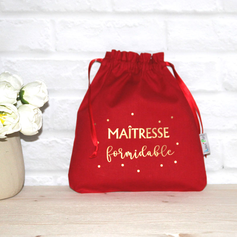 Cadeau maitresse Pochon couleur rouge et doré accessoires pour écolier et cadeau sac personnalisé
