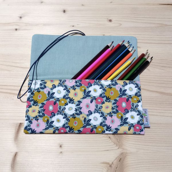 Trousse à crayons avec élastique motif floral menthe accessoire d'écolier pochette