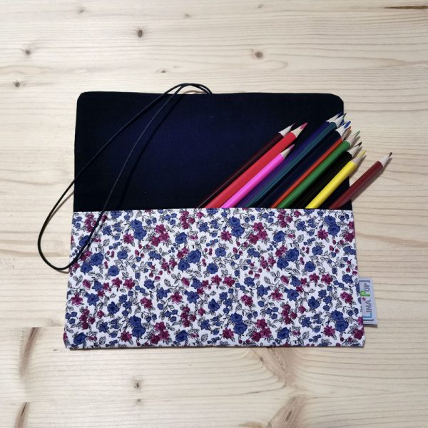 Trousse à crayons avec élastique mini fleur bleu accessoire d'écolier pochette