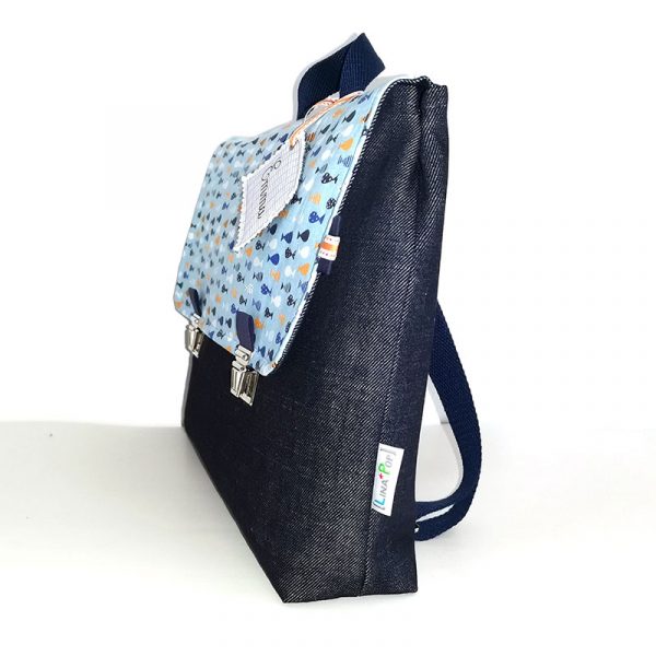 Cartable maternelle personnalisé mixte avec poisson bleu accessoire et sac écolier avec soufflet