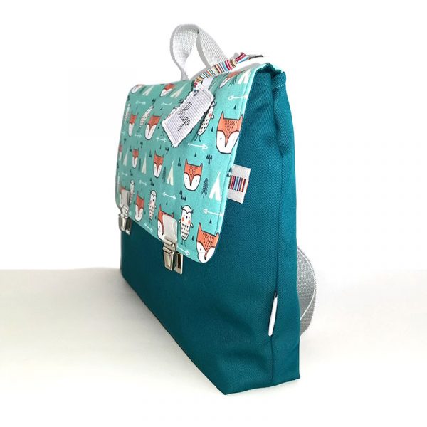 Cartable maternelle personnalisé mixte avec renard vert accessoire et sac écolier avec soufflet