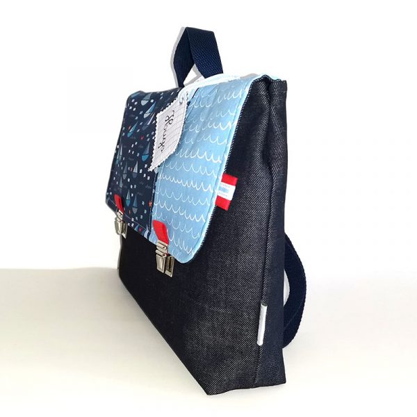 Cartable maternelle personnalisé mixte avec voilier bleu accessoire et sac écolier avec soufflet