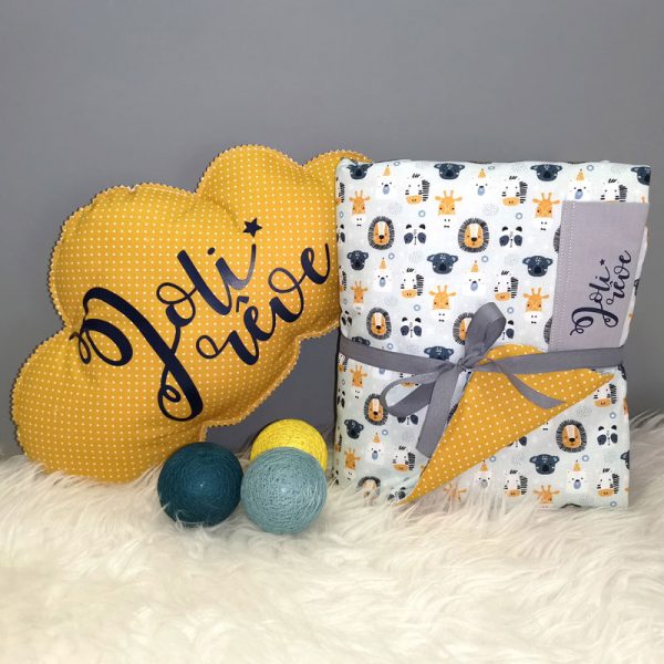 Couverture pour bébé motif lion jaune et coussin nuage pour bébé en cadeau de naissance et décoration de chambre