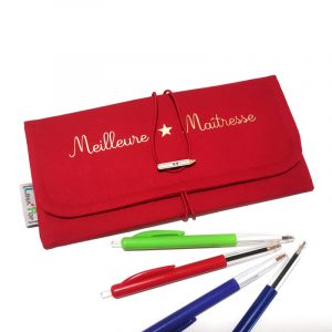 Trousse à crayons maîtresse en cadeau pour la maitresse trousse à crayon rouge et doré pour l'école