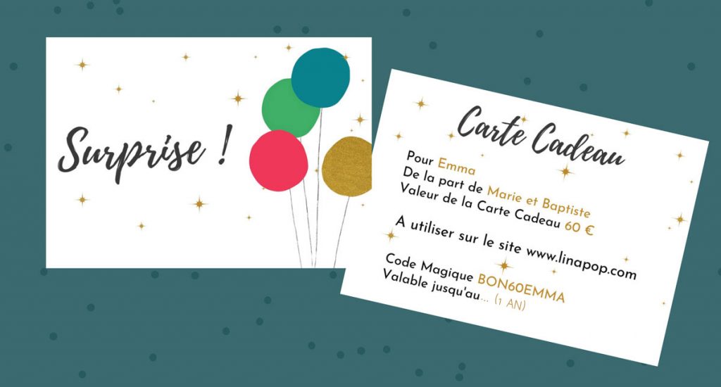 Carte cadeau LinaPop pour les accessoires textiles pour enfant et bébé en cadeau de naissance avec trousse sac et cartable