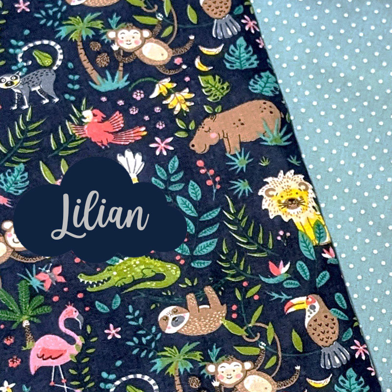 Sac baluchon personnalisé avec prénom motif jungle et pois menthe