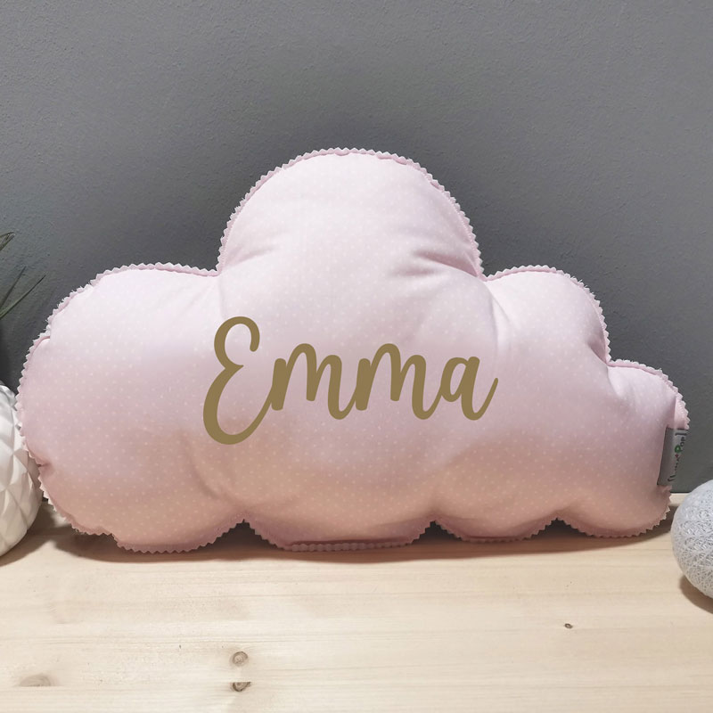Coussin nuage avec prénom motif pois rose clair et personnalisé avec prénom
