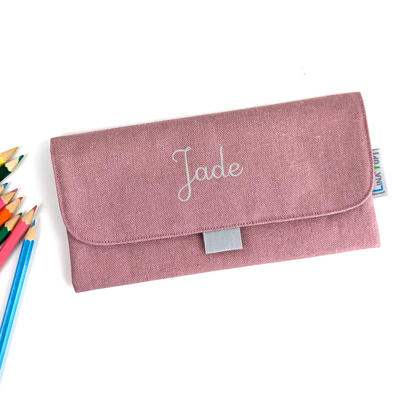 Trousse à crayon pour maternelle rose effet lin accessoire pour cartable de maternelle avec trousse d'école personnalisée avec prénom
