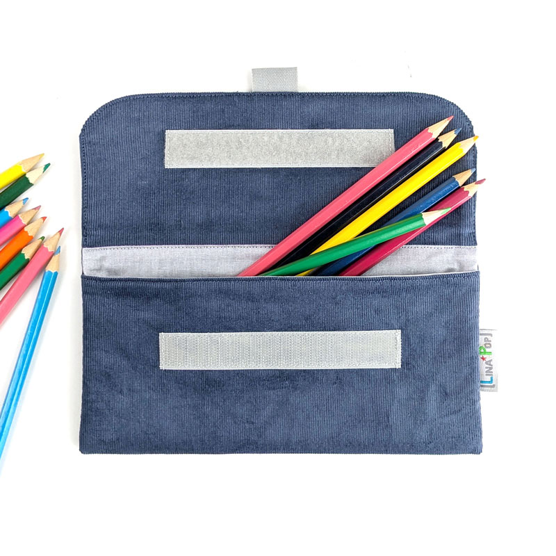 Trousse à crayon pour maternelle velours bleu gris accessoire pour cartable de maternelle avec trousse d'école pour crayons