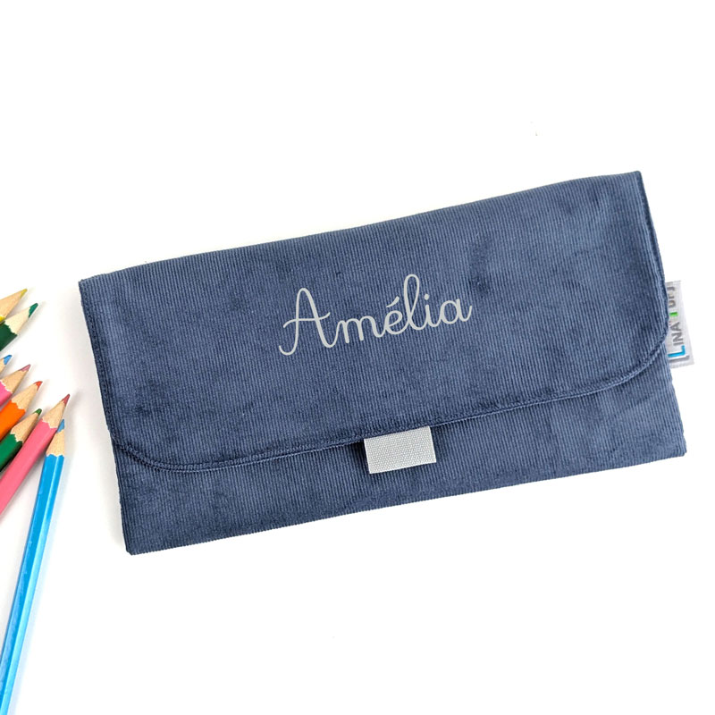 Trousse à crayon pour maternelle velours bleu gris accessoire pour cartable de maternelle avec trousse d'école personnalisée avec prénom