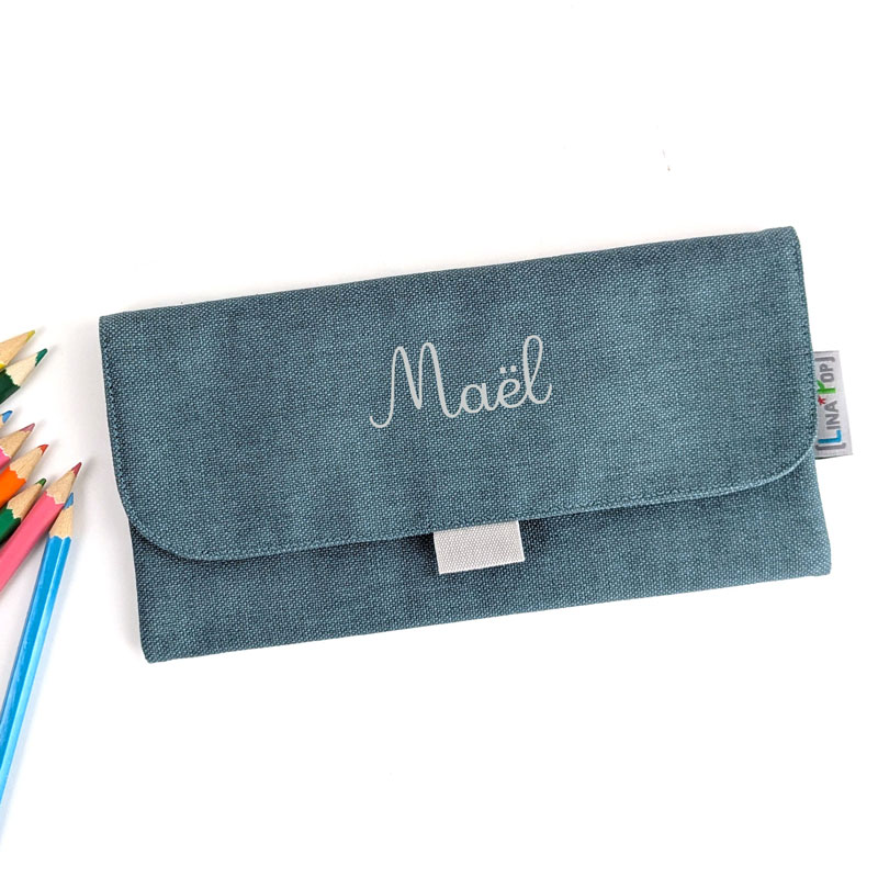 Trousse à crayon pour maternelle vert effet lin accessoire pour cartable de maternelle avec trousse d'école personnalisée avec prénom